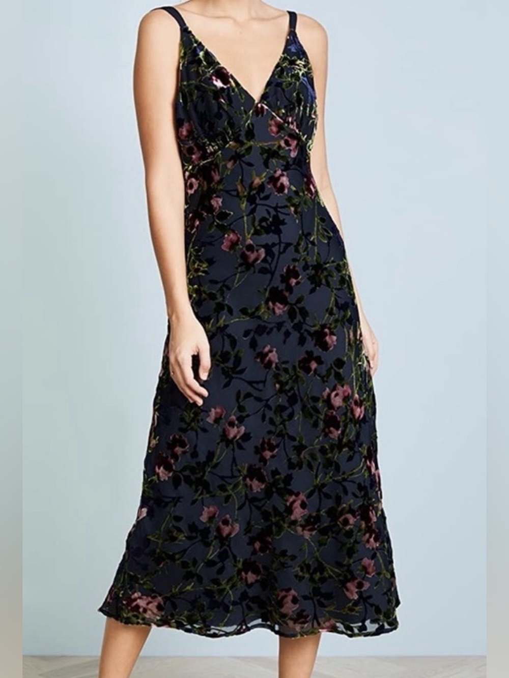 Wayf Navy Floral Velvet Burnout Dress with Pink and Olive Accents